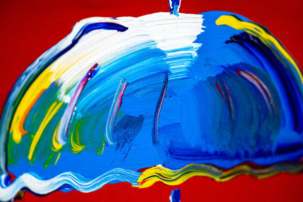 Peter Max, Umbrella Man on Red, (v. III #38), a 2015 original acrylic on canvas