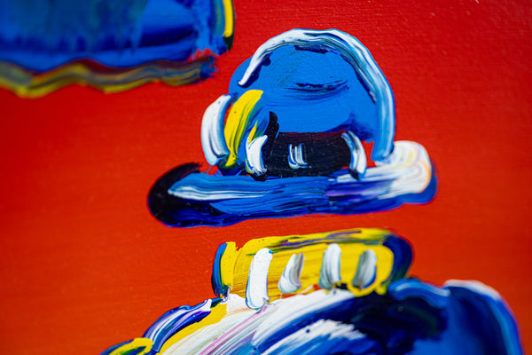 Peter Max, Umbrella Man on Red, (v. III #38), a 2015 original acrylic on canvas