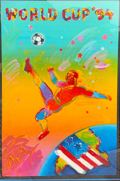 Peter Max's World Cup '94 is a vibrant mixed media acrylic-enhanced lithograph depicting a dynamic soccer player in the artist's signature Pop Art style.