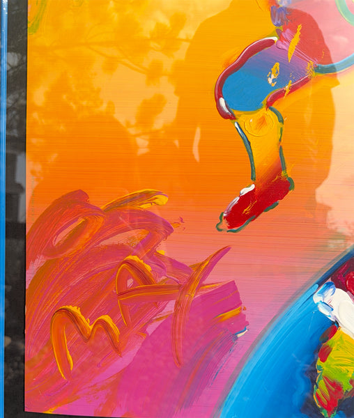 Peter Max's World Cup '94 is a vibrant mixed media acrylic-enhanced lithograph depicting a dynamic soccer player in the artist's signature Pop Art style.