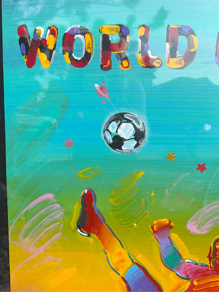 Peter Max's World Cup '94 is a vibrant mixed media acrylic-enhanced lithograph depicting a dynamic soccer player in the artist's signature Pop Art style.