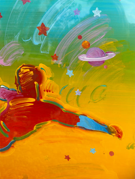 Peter Max's World Cup '94 is a vibrant mixed media acrylic-enhanced lithograph depicting a dynamic soccer player in the artist's signature Pop Art style.