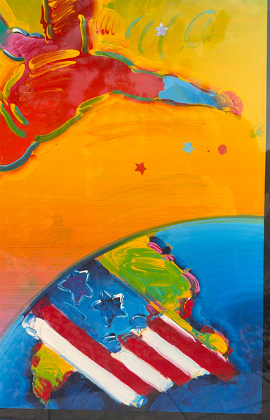 Peter Max's World Cup '94 is a vibrant mixed media acrylic-enhanced lithograph depicting a dynamic soccer player in the artist's signature Pop Art style.