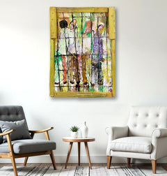 Purvis Young, Figures Behind Bars, Custom Framed 48" Signed Original Painting w/ Foundation COA