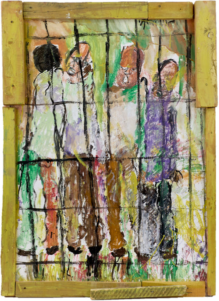 Purvis Young, Figures Behind Bars, Custom Framed 48" Signed Original Painting w/ Foundation COA