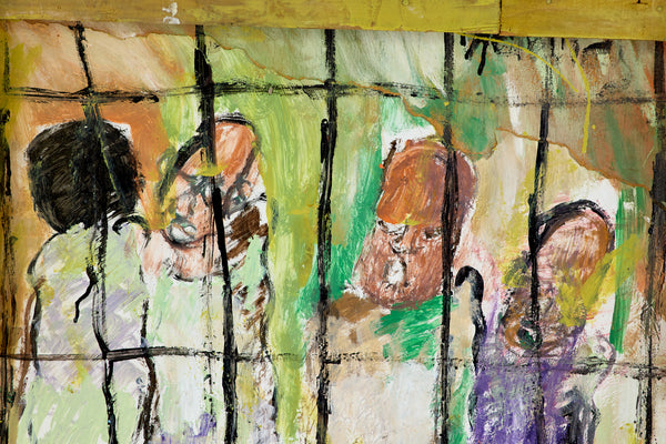 Purvis Young, Figures Behind Bars, Custom Framed 48" Signed Original Painting w/ Foundation COA