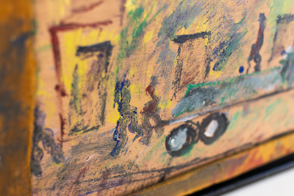 Purvis Young, Red Truck City Scene, Signed Large 41 inch Original Painting on Plywood with Handmade Frame