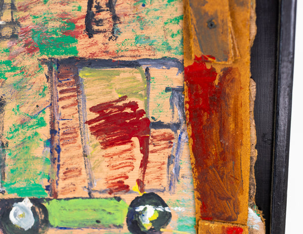 Purvis Young, Red Truck City Scene, Signed Large 41 inch Original Painting on Plywood with Handmade Frame
