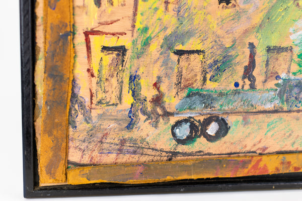 Purvis Young, Red Truck City Scene, Signed Large 41 inch Original Painting on Plywood with Handmade Frame