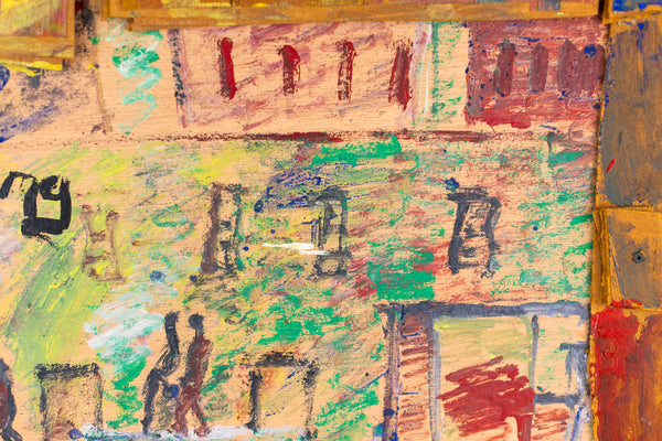 Purvis Young, Red Truck City Scene, Signed Large 41 inch Original Painting on Plywood with Handmade Frame