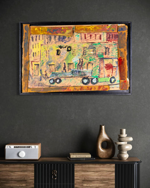 Purvis Young, Red Truck City Scene, Signed Large 41 inch Original Painting on Plywood with Handmade Frame