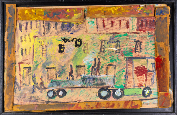 Purvis Young, Red Truck City Scene, Signed Large 41 inch Original Painting on Plywood with Handmade Frame