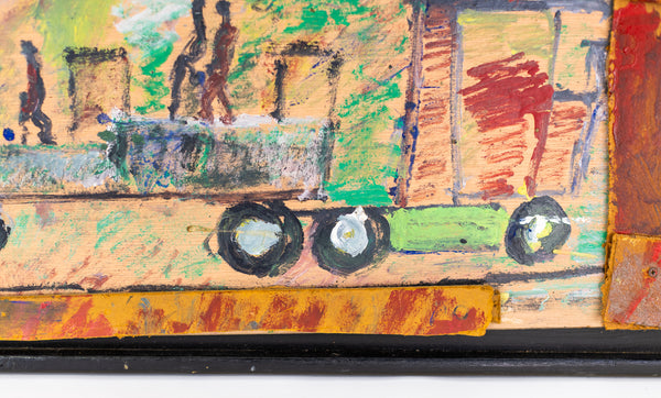 Purvis Young, Red Truck City Scene, Signed Large 41 inch Original Painting on Plywood with Handmade Frame