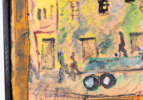 Purvis Young, Red Truck City Scene, Signed Large 41 inch Original Painting on Plywood with Handmade Frame