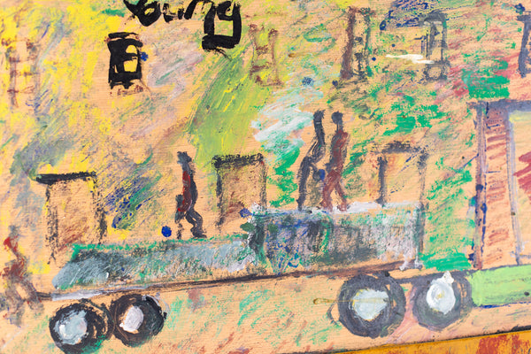 Purvis Young, Red Truck City Scene, Signed Large 41 inch Original Painting on Plywood with Handmade Frame