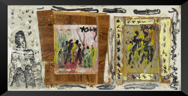 Purvis Young Set of 2 Signed Original Mixed Media Paintings on Masonite