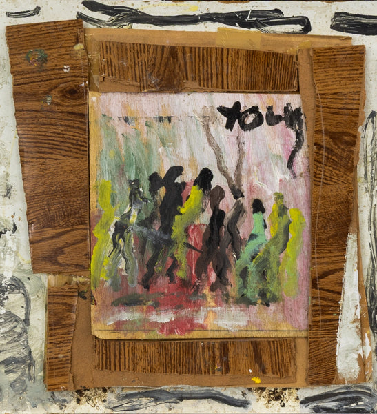 Purvis Young Set of 2 Signed Original Mixed Media Paintings on Masonite