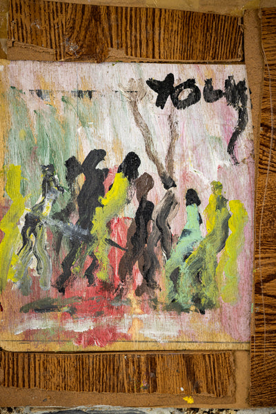 Purvis Young Set of 2 Signed Original Mixed Media Paintings on Masonite