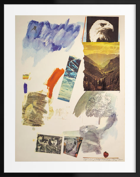 Robert Rauschenberg’s 1972 lithograph Untitled (McGovern)—a rare signed, numbered edition of 75—features layered political imagery and includes a Certificate of Authenticity.