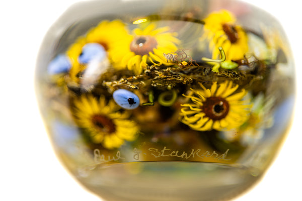 Paul Stankard and Rick Ayotte Fertile Nectar Signed Hand Blown Glass Round Paperweight with Frog, Bee