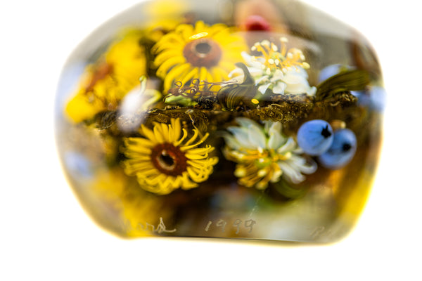 Paul Stankard and Rick Ayotte Fertile Nectar Signed Hand Blown Glass Round Paperweight with Frog, Bee