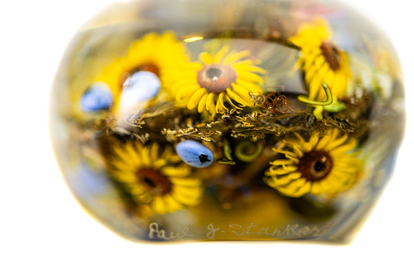 Paul Stankard and Rick Ayotte Fertile Nectar Signed Hand Blown Glass Round Paperweight with Frog, Bee