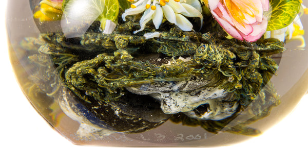 Paul Stankard Floral Bouquet with Hovering Bee and Faces in Roots Signed 2001 Hand Blown Glass Round Paperweight