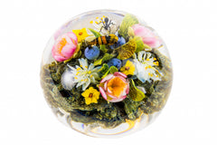 Paul Stankard Floral Bouquet with Hovering Bee and Faces in Roots Signed 2001 Hand Blown Glass Round Paperweight