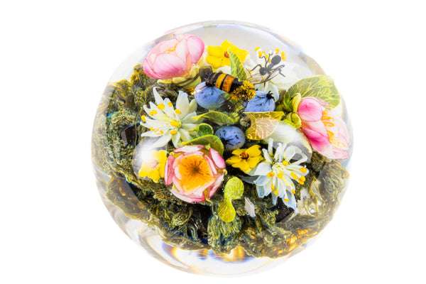 Paul Stankard Floral Bouquet with Hovering Bee and Faces in Roots Signed 2001 Hand Blown Glass Round Paperweight