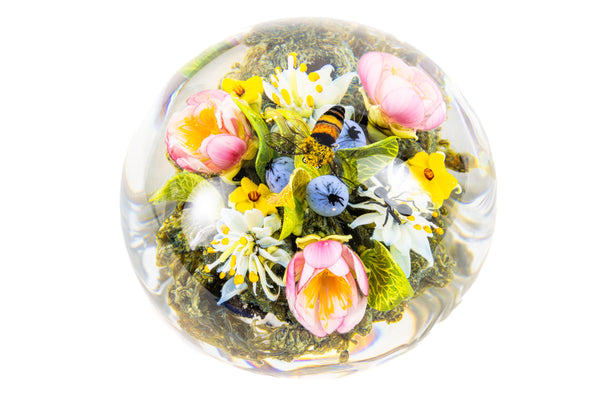 Paul Stankard Floral Bouquet with Hovering Bee and Faces in Roots Signed 2001 Hand Blown Glass Round Paperweight