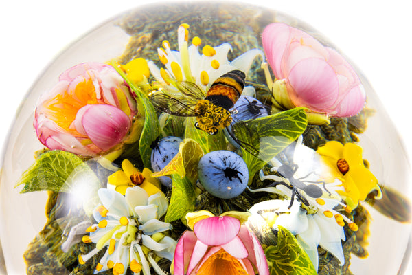 Paul Stankard Floral Bouquet with Hovering Bee and Faces in Roots Signed 2001 Hand Blown Glass Round Paperweight