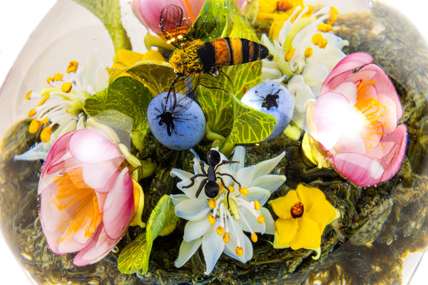 Paul Stankard Floral Bouquet with Hovering Bee and Faces in Roots Signed 2001 Hand Blown Glass Round Paperweight