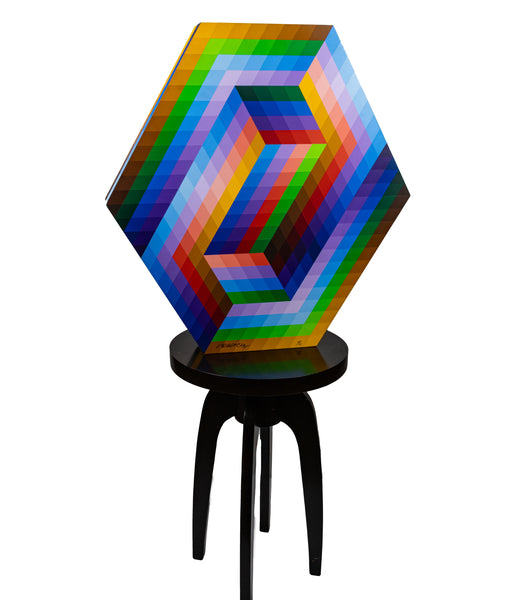 Victor Vasarely Kezdi 1990 Hand-Signed Double Sided Acrylic on Wood Multi-Colored Sculpture