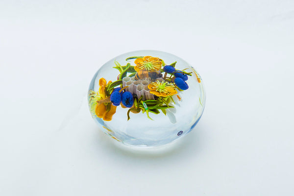Original Glass Paperweight with Yellow Flowers, Blueberries, and Honeybee