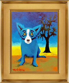 Blue Dog with Tree Original Oil Painting Signed Contemporary Art