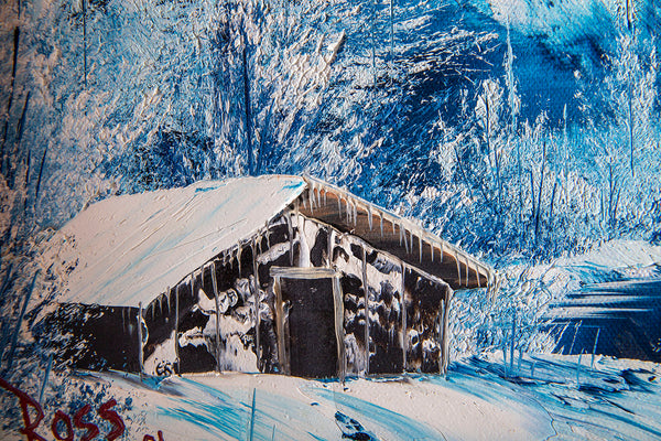 Signed Original Blue Alaskan Mountain Scene with Cabin and Northern Lights Contemporary Art