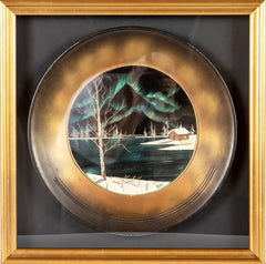 Authentic Original Oil Pan Painting Alaska Cabin Mountain Scenes