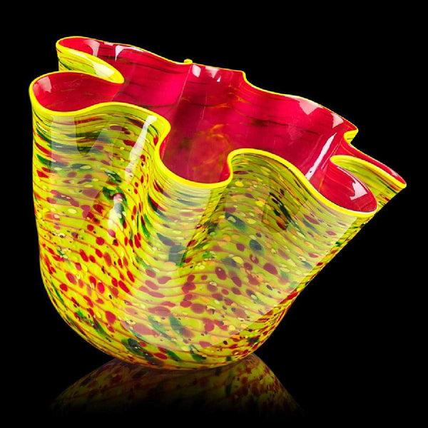 Signed Workshop 2014 Large Yellow & Green Zinnia Macchia with Pink Interior Handblown Glass Contemporary Art Sculpture