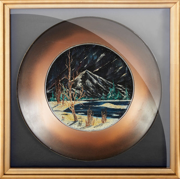 Bob Ross Original Oil on Velvet inside Gold Pan Painting Contemporary Art