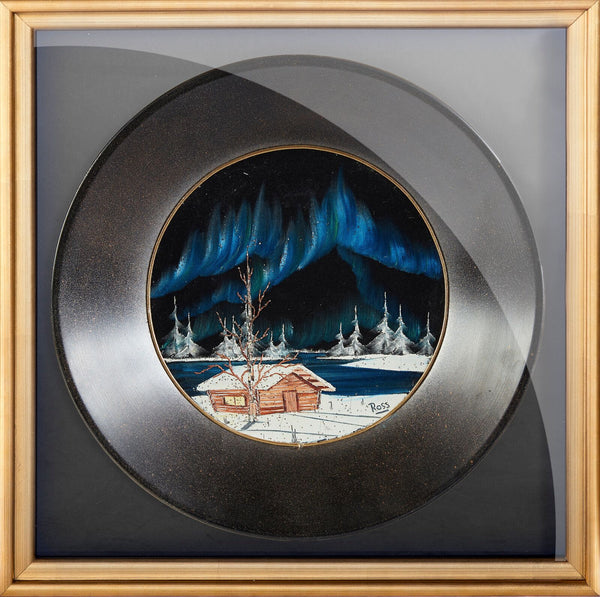 Bob Ross Signed Original Oil on Velvet inside Gold Pan Painting Contemporary Art