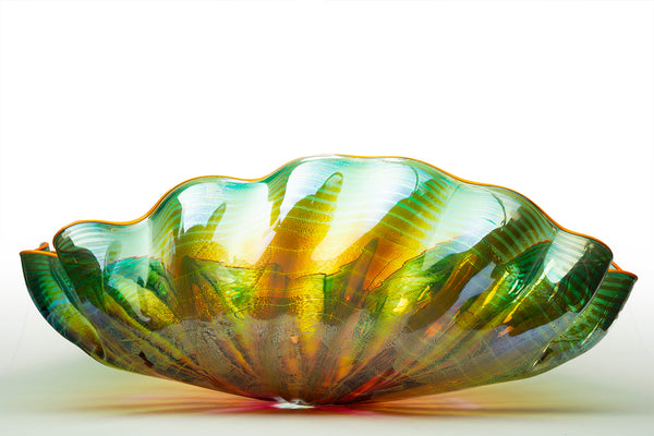 Original Large Fade Green Seaform with Orange Lip Wrap Contemporary, Glass Art