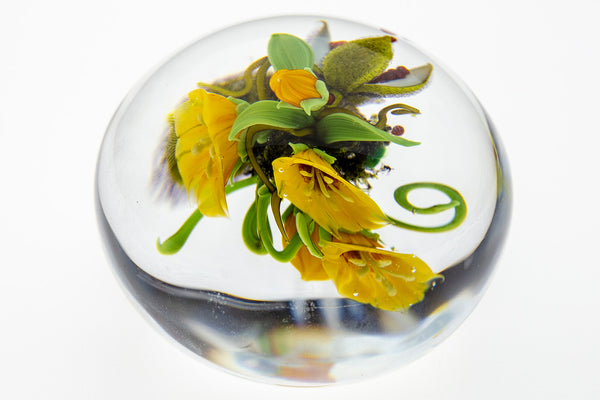 Paperweight Seeds Cane and Yellow Lillys with Wildflowers and Bursting seed Pots