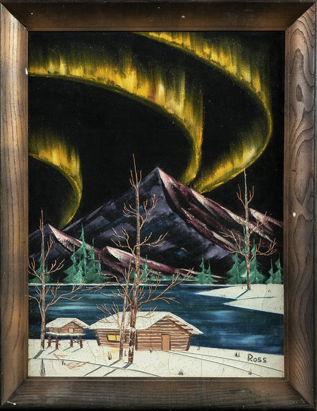 Original Alaskan Cabin Mountain Scene w/Northern Lights Oil on Velvet