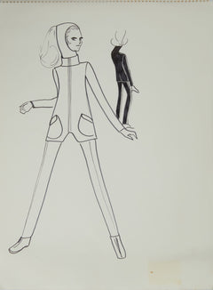 Karl Lagerfeld Original Fashion Sketch Ink Drawing with Marker Contemporary Art