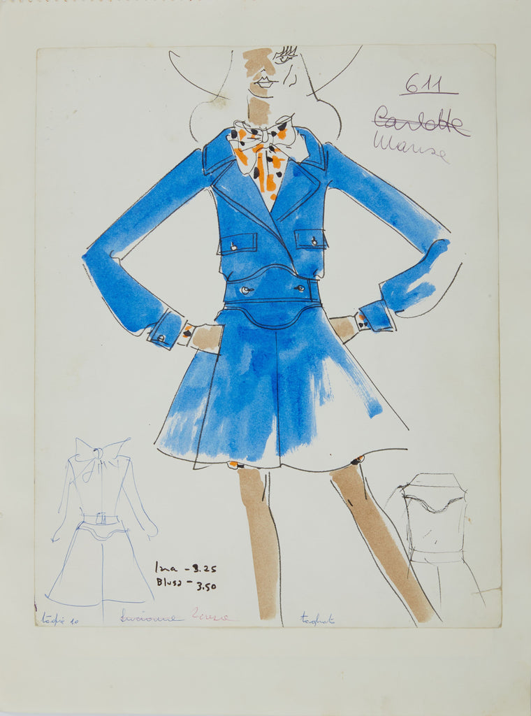 Karl Lagerfeld Original Fashion Sketch Ink Drawing with Watercolor