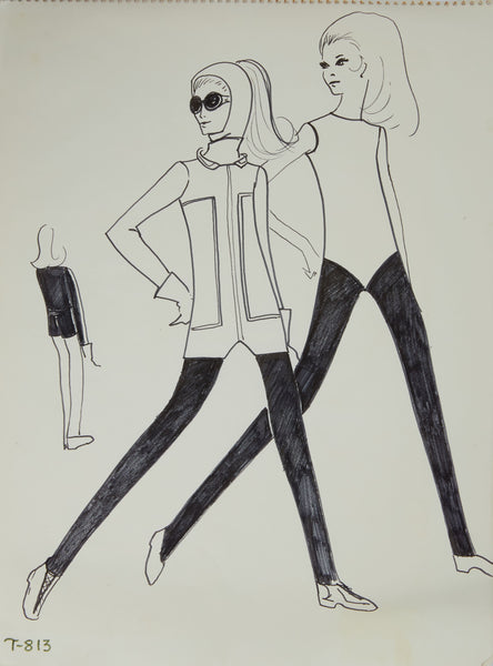 Karl Lagerfeld Original Fashion Sketch Ink Drawing with Marker T-813
