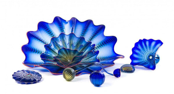 Dale Chihuly Poseidon Blue Persian Set with Red Lip Wraps Original Handblown Glass Contemporary Art