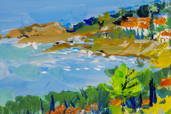 Original Painting Gouache on Paper Shoreline With Trees