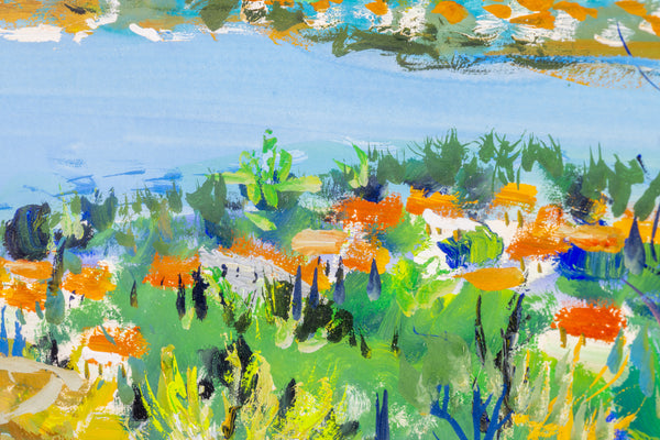 Original Painting Gouache on Paper Shoreline With Trees