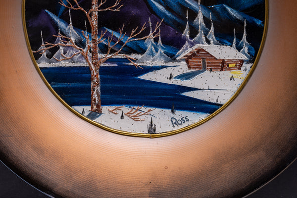Bob Ross Signed Original Alaskan Northern Lights and Mountain Cabin Painting on Velvet inside Gold Pan